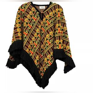 VTG J C Penneys Cape Poncho Knit Geometric Retro Bold Colors Black Fringe